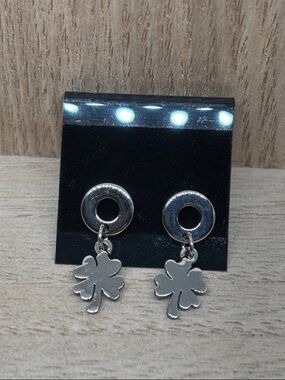 Silver Four-Leaf Clover Drop Earrings
